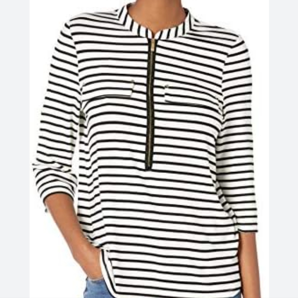 Calvin Klein Striped Roll-Tab Zip Front Top